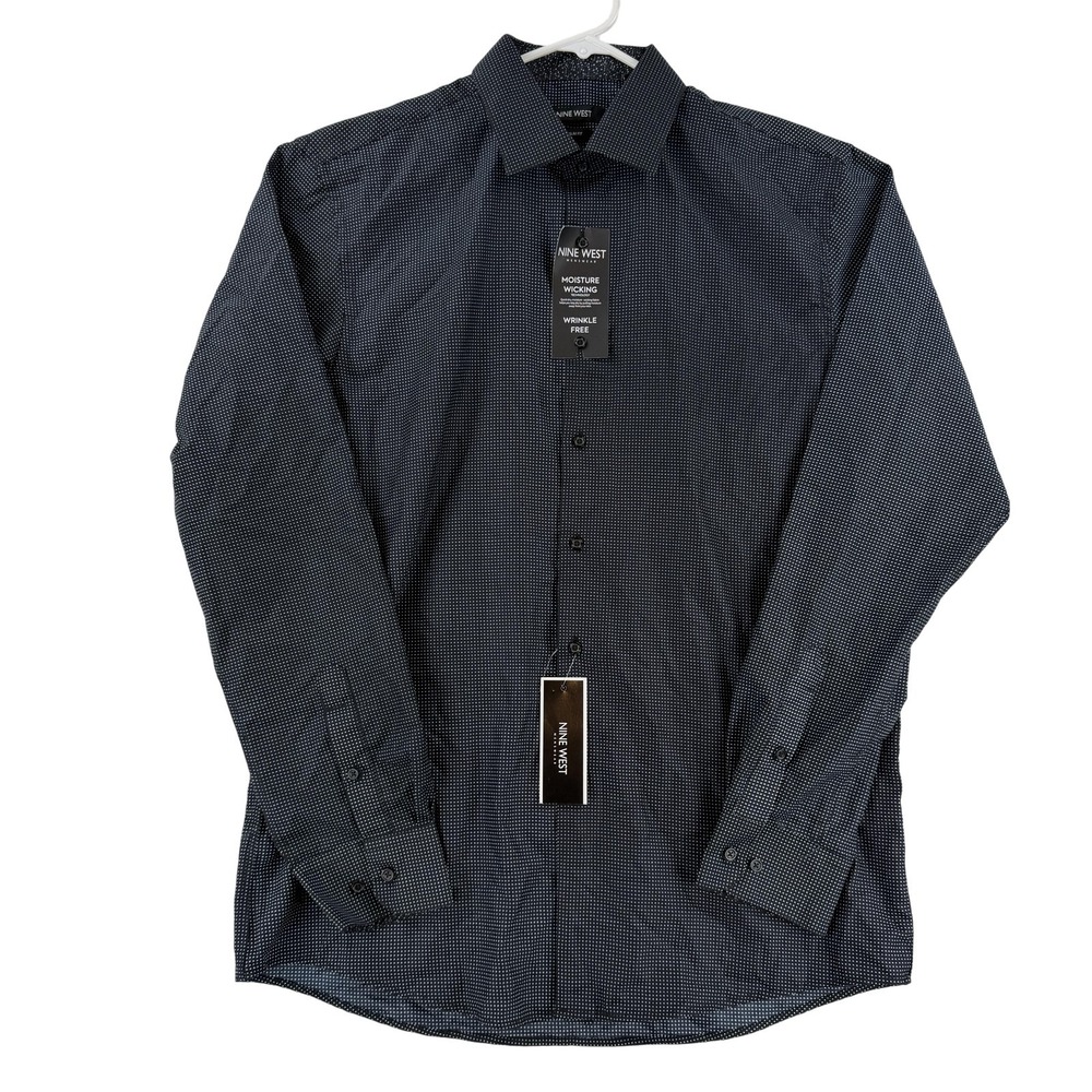 Nine West Shirt Mens Large 16-16.5 34/35 Black Micro‎ Floral Slim Fit Non Iron